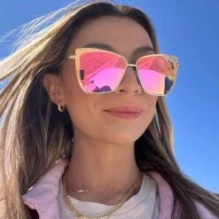 GRACE - GOLD + PINK MIRROR SUNGLASSES -Sunglasses Sales 2022 Aug Diff PDP Lifestyle Batch 1 Grace Gold Pink Mirror